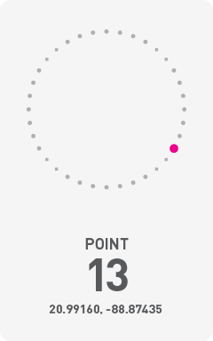Diagram of circumference of Chicxulub Crater with a pink dot labeling the point of photograph and it's GPS coordinates 20.99160, -88.87435 on a light gray background.