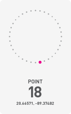 Diagram of circumference of Chicxulub Crater with a pink dot labeling the point of photograph and it's GPS coordinates 20.66571, -89.37482.