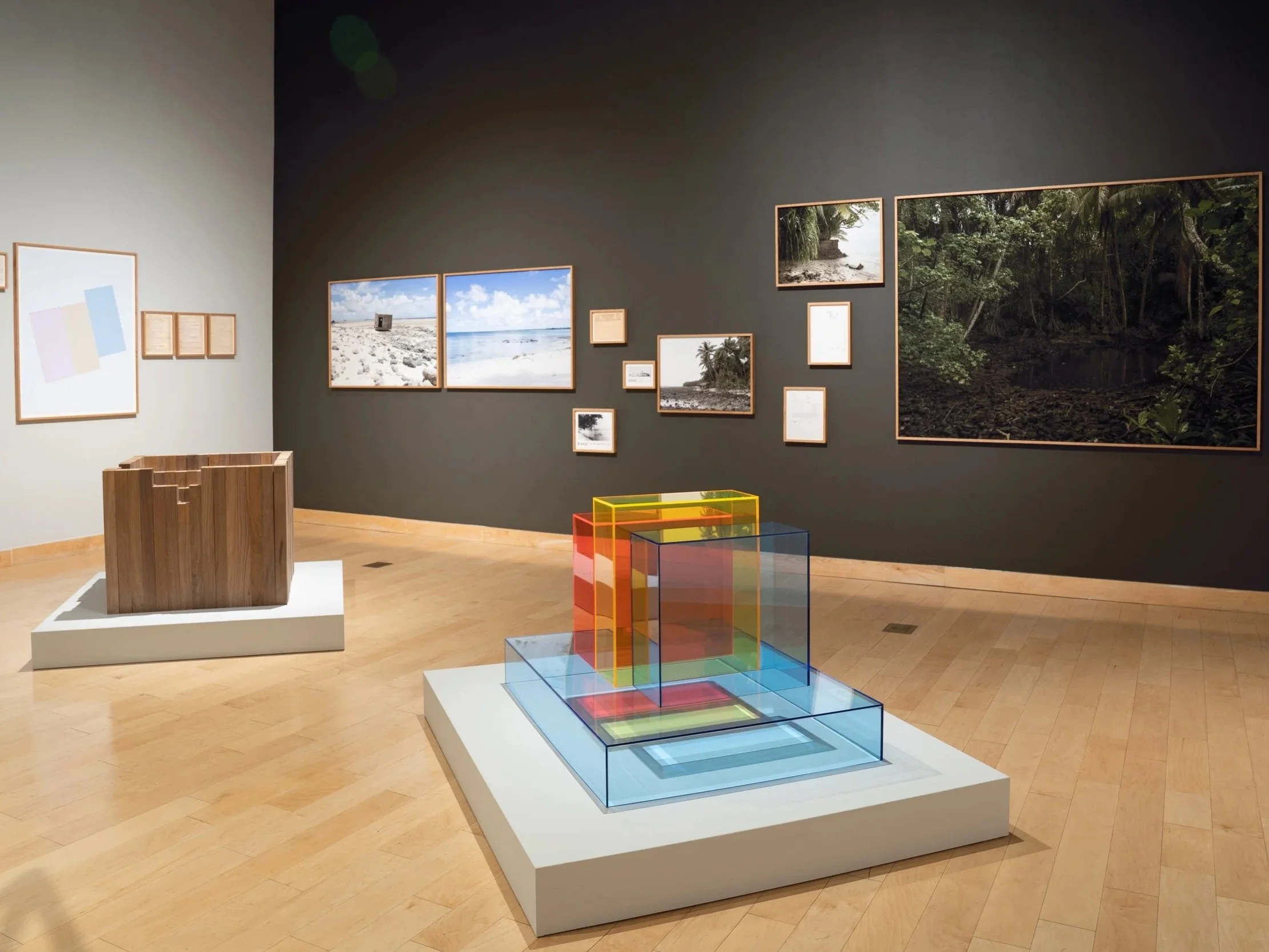 An art gallery exhibit displaying various framed photographs of beaches and dense tropical forests on dark walls. In the center, a colorful transparent sculpture installation is visible, with a wooden structure on a white pedestal nearby.