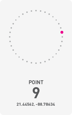 Diagram of circumference of Chicxulub Crater with a pink dot labeling the point of photograph and it's coordinates 21.44562, -88.78634.