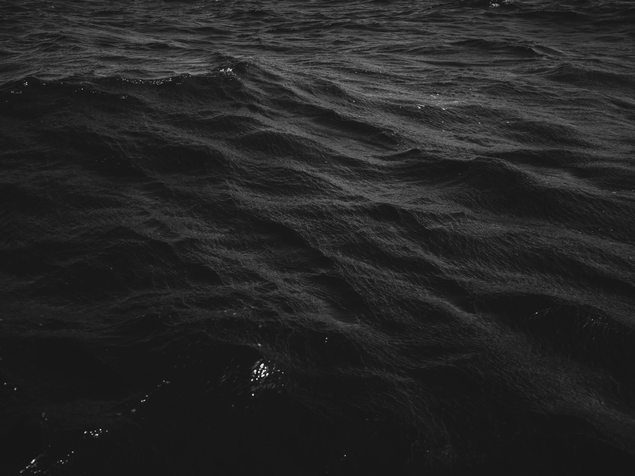 Dark ocean surface with waves and a few small reflections of light.