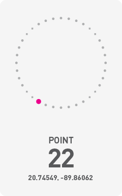 Diagram of circumference of Chicxulub Crater with a pink dot labeling the point of photograph and it's GPS coordinates 20.74549, -89.86062.