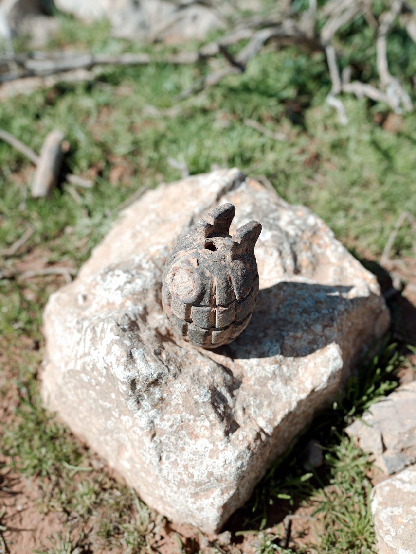 Top of an American grenade from World War II placed on a large rock outdoors with grass and twigs in the background.