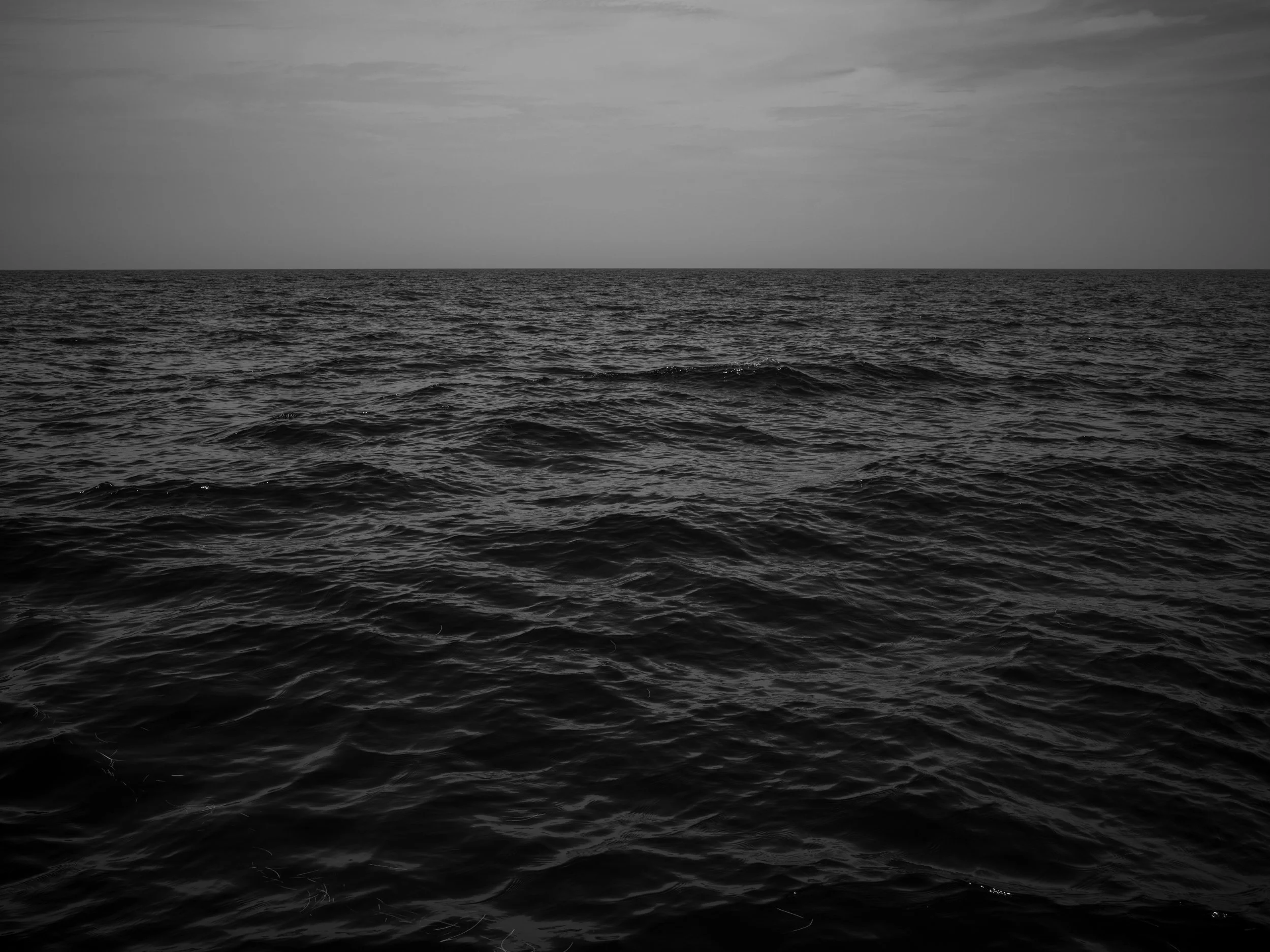A black and white photo of a vast ocean with gentle waves, under a cloudy sky.