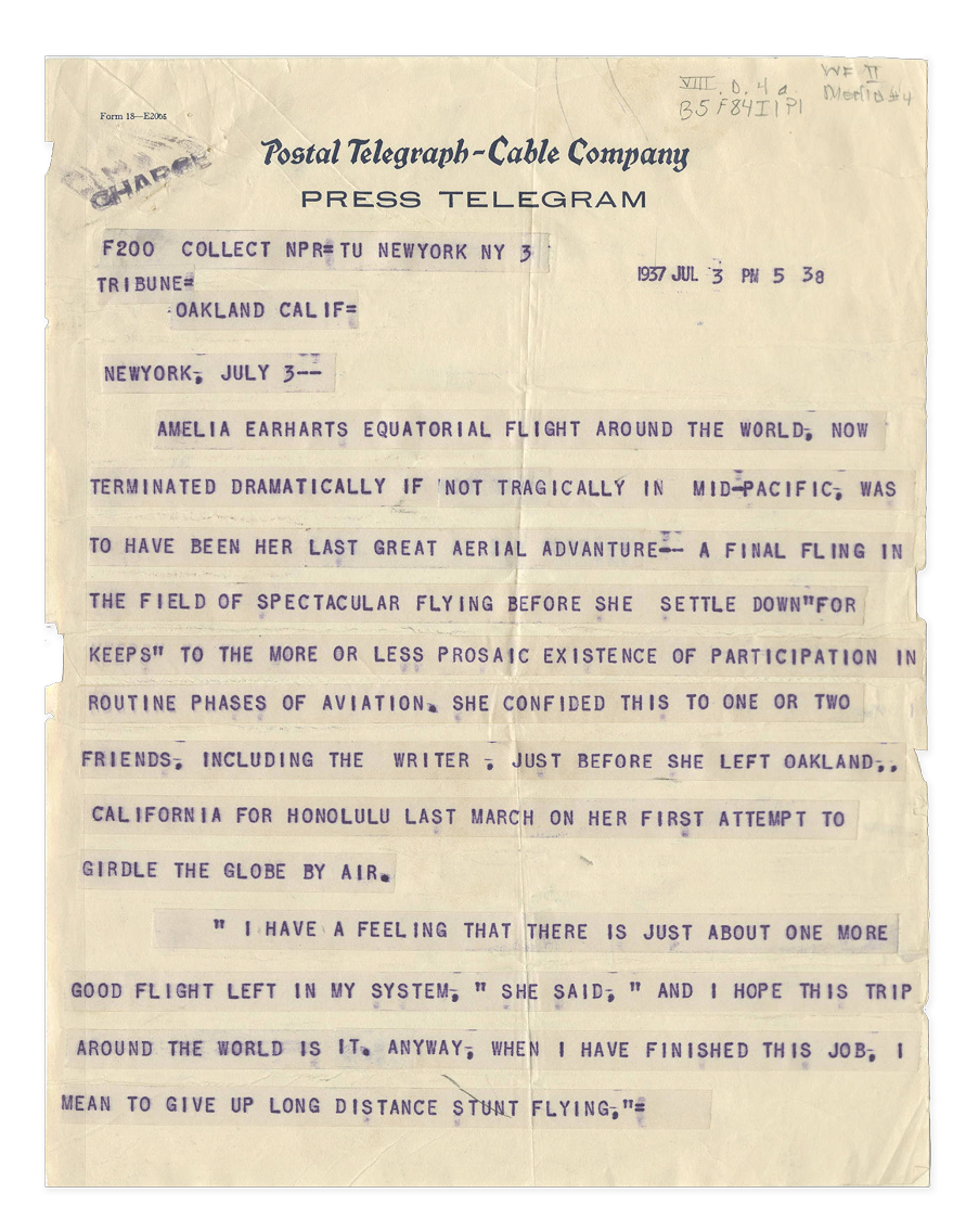 A vintage press telegram from 1937 related to Amelia Earhart's aerial flight around the world, sent from Oakland, California to New York.