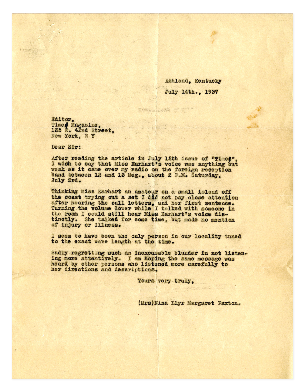 A typed letter dated July 14, 1937, from Mrs. Nina Llyr Margaret Paxton, written to the editor of Time magazine, discussing her experience listening to Miss Earhart's radio broadcast.