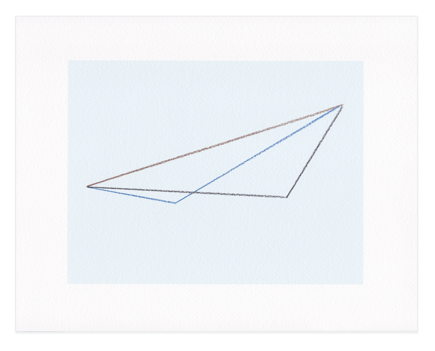 Simple line drawing of a geometric shape drawn with black, brown, blue, and gray lines on a light blue background.
