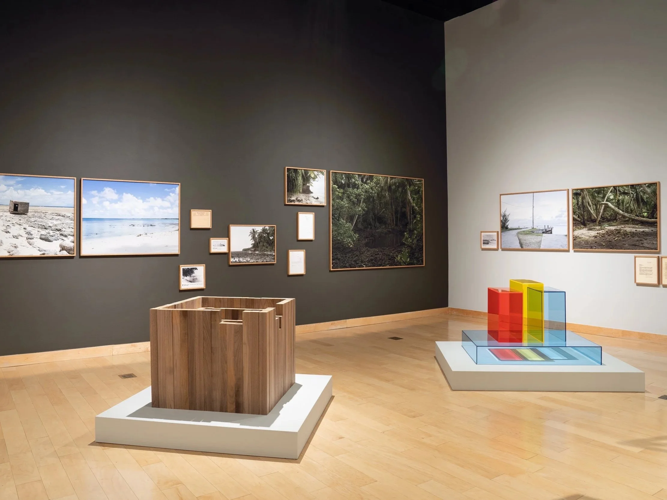 An art gallery displaying framed nature photographs on gray and white walls, with wooden floor and geometric colorful sculptures on a white platform in the foreground.