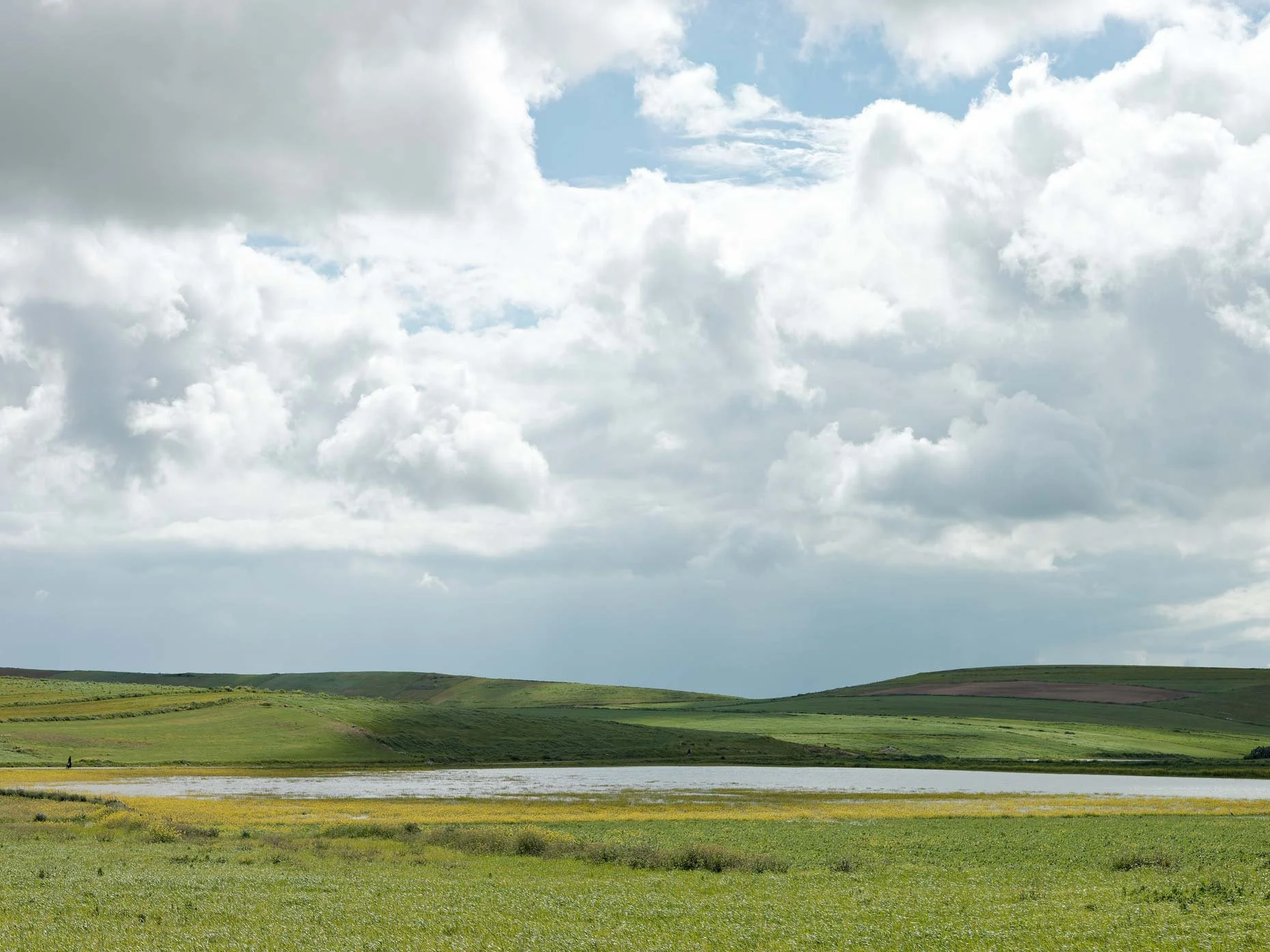 Open grassland with small water body, rolling hills, and a cloudy sky.