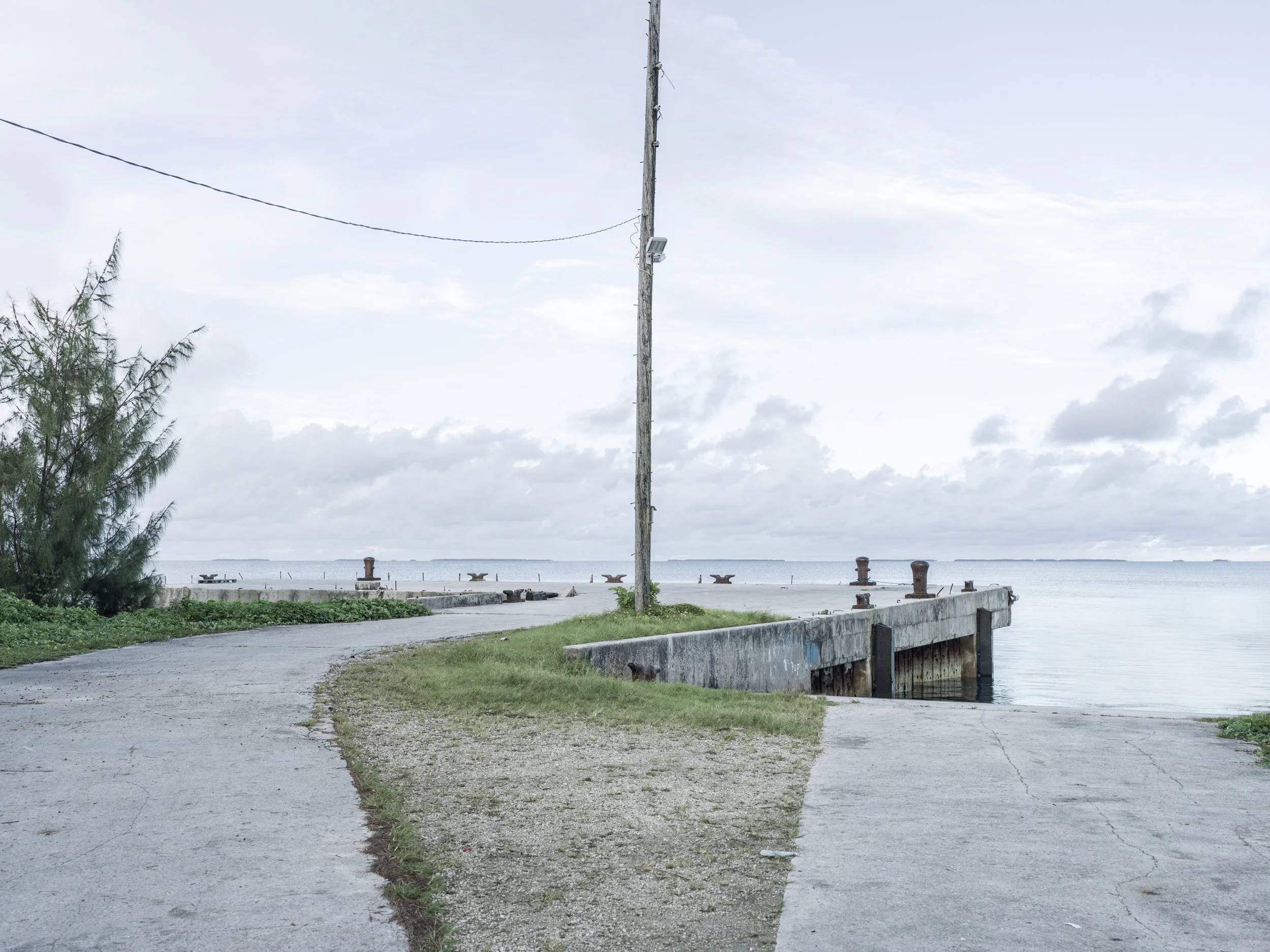 A waterfront scene with a paved pathway, grassy area, wooden posts along the edge, a tall wooden utility pole with a solar-powered light, overlooking a large body of water with a distant landmass, and an overcast sky.