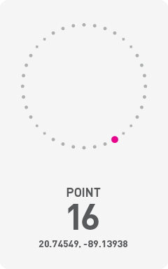 Diagram of circumference of Chicxulub Crater with a pink dot labeling the point of photograph and it's GPS coordinates 20.74549, -89.13938.