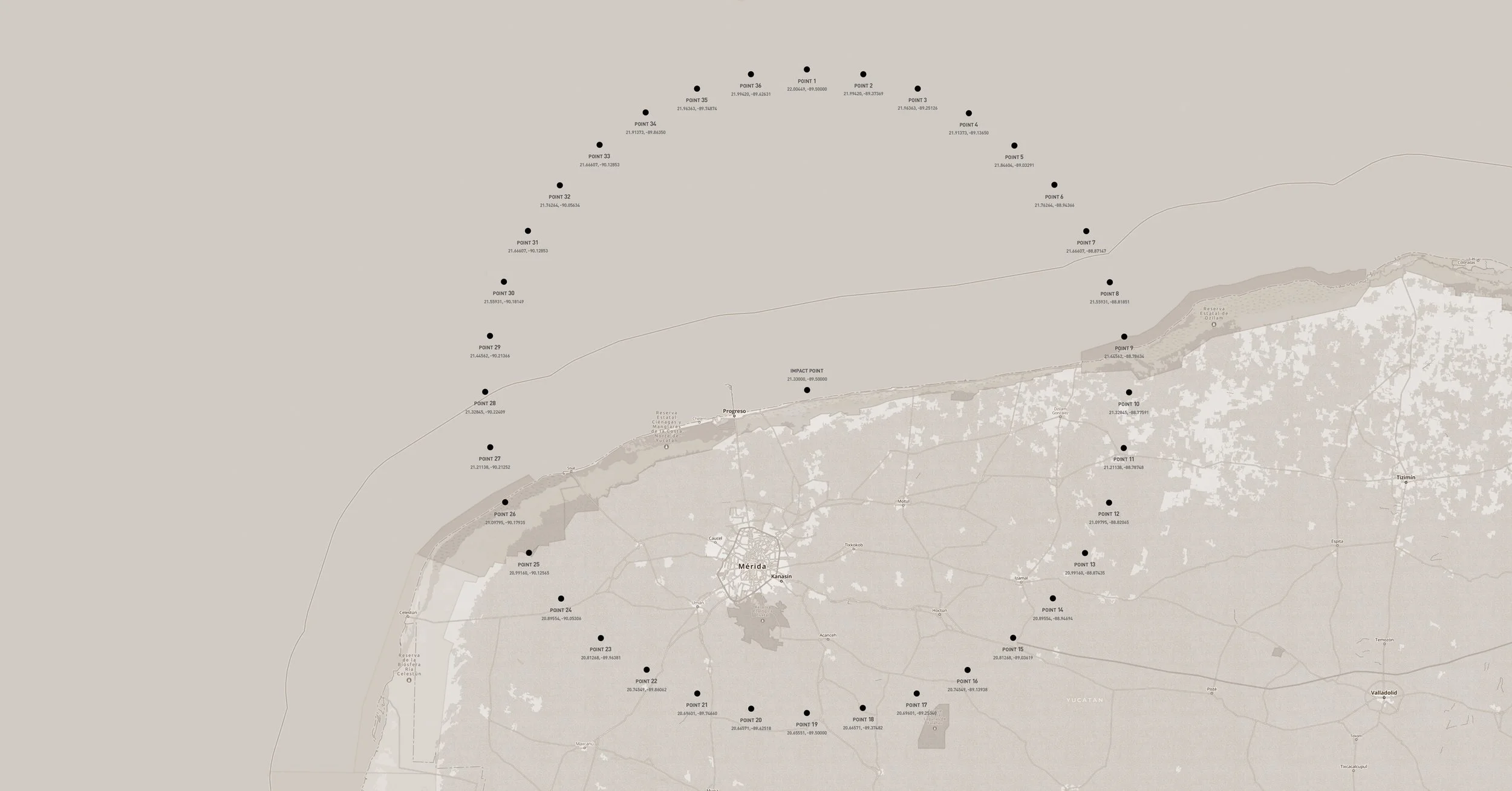 Map showing the location of the circumference of Chicxulub Crater including coordinates and numbered points, along with some geographic and urban features.