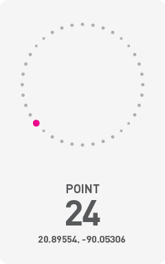 Diagram of circumference of Chicxulub Crater with a pink dot labeling the point of photograph and it's GPS coordinates 20.89554, -90.05306.