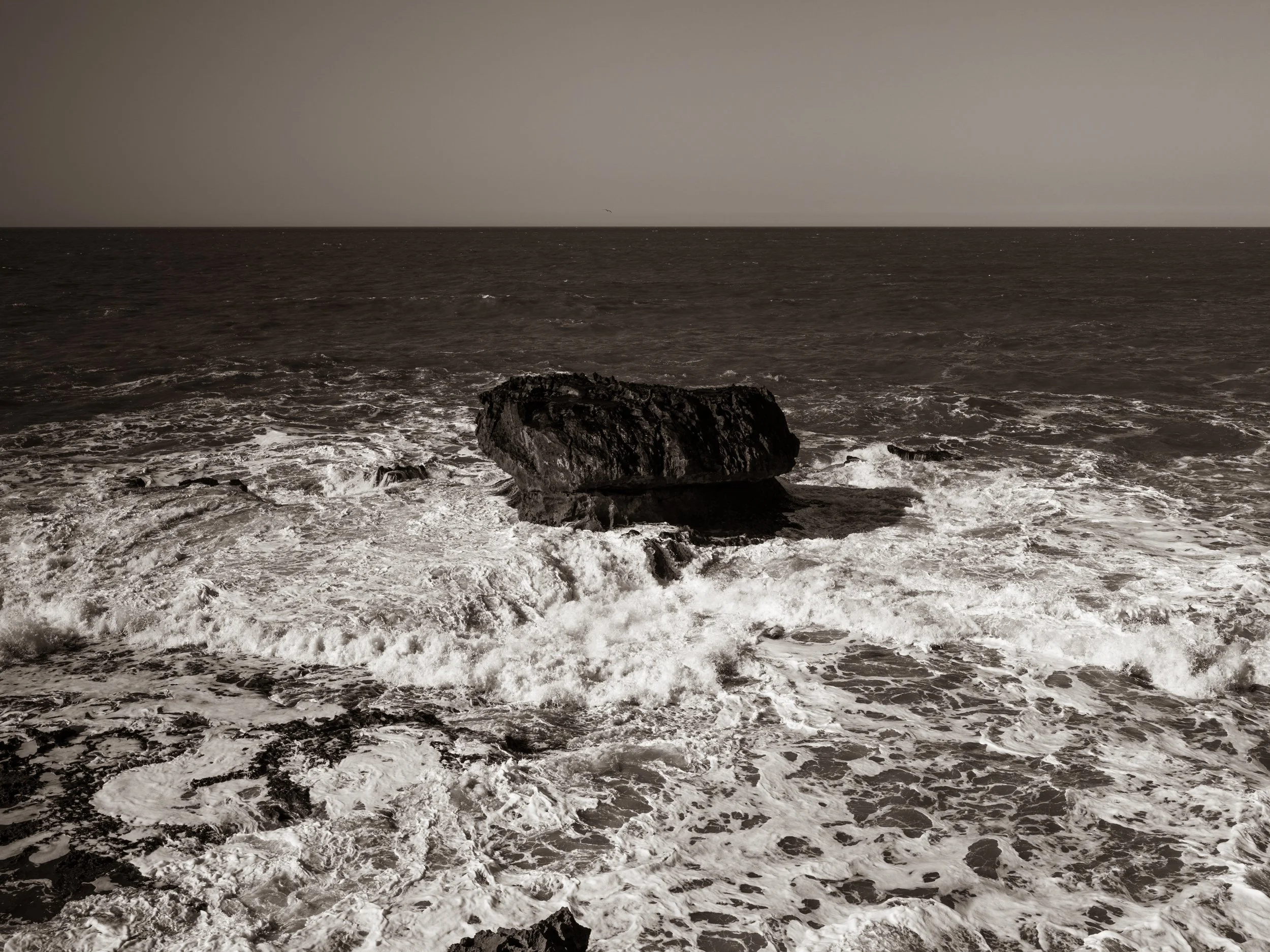 Black and white photo of a rocky shoreline with waves crashing against rocks, and the ocean extending into the horizon under a cloudy sky.