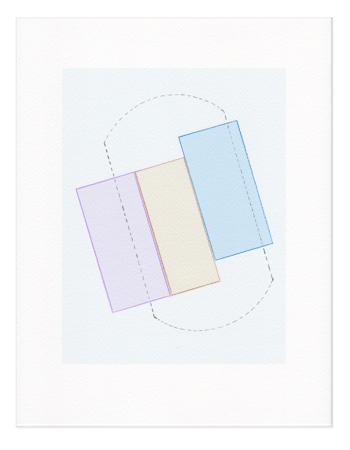 A technical drawing of three colorful 3D rectangular blocks in purple, beige, and blue, with dashed lines indicating their positions.