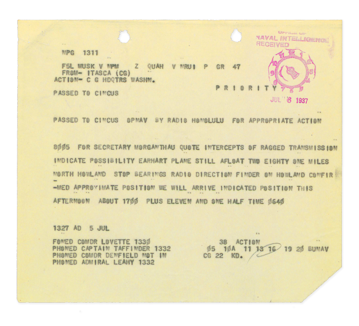 A historical military communication report dated July 6, 1937, with labels, stamps, and handwritten notes, discussing aircraft intercepts and navigation details.