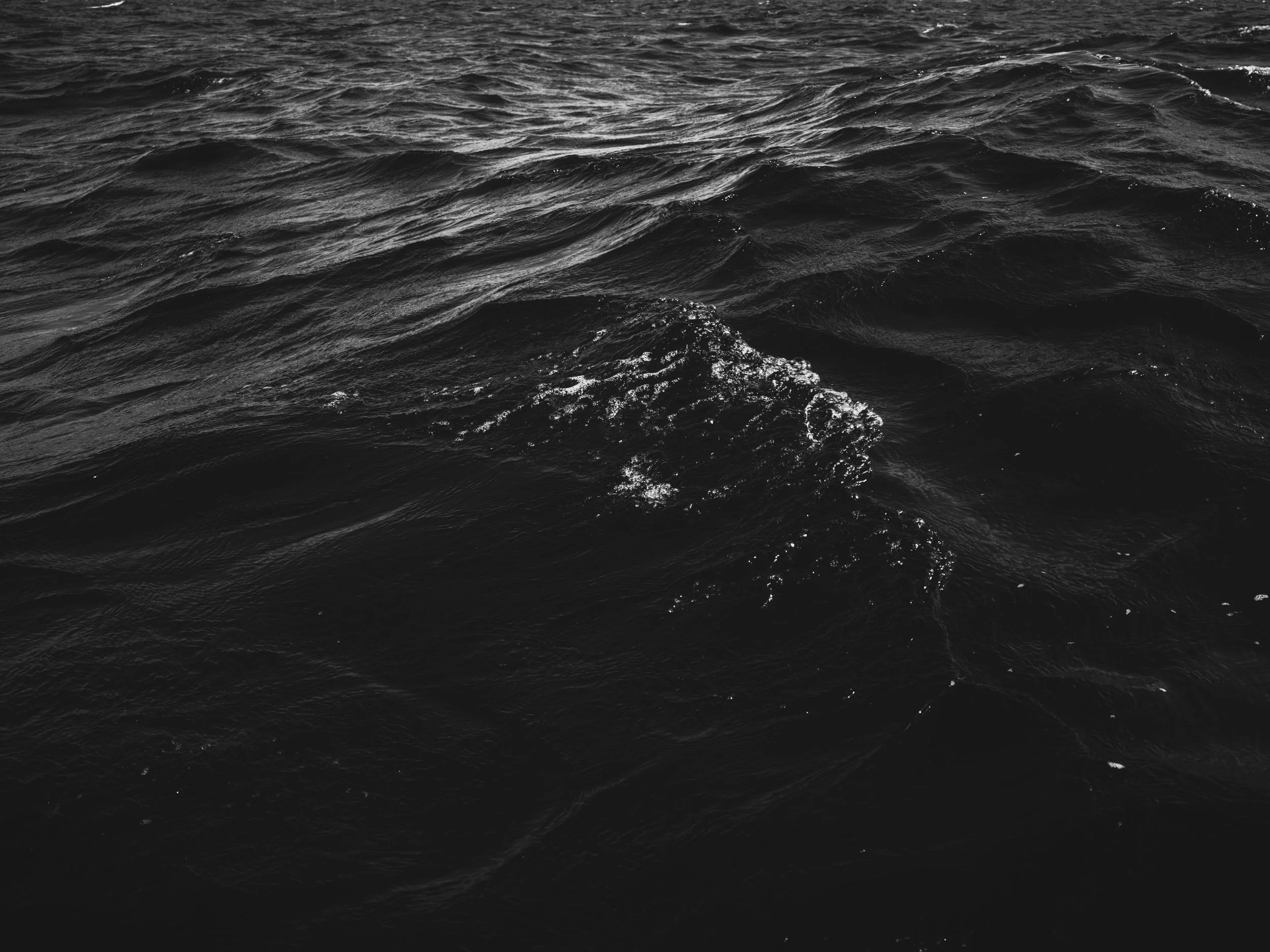 Black and white photo of ocean waves on the water.
