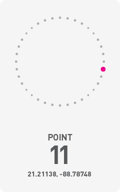 Diagram of circumference of Chicxulub Crater with a pink dot labeling the point of photograph and it's coordinates 21.21138, -88.78748.