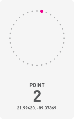 Diagram of circumference of Chicxulub Crater with a pink dot labeling the point of photograph and it's GPS coordinates 21.99420, -89.37369.