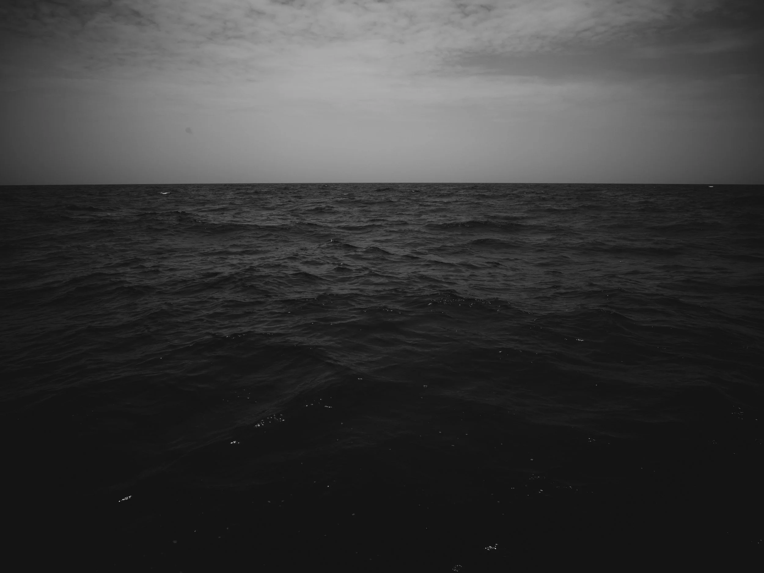 A black and white image of the ocean with waves and a cloudy sky.