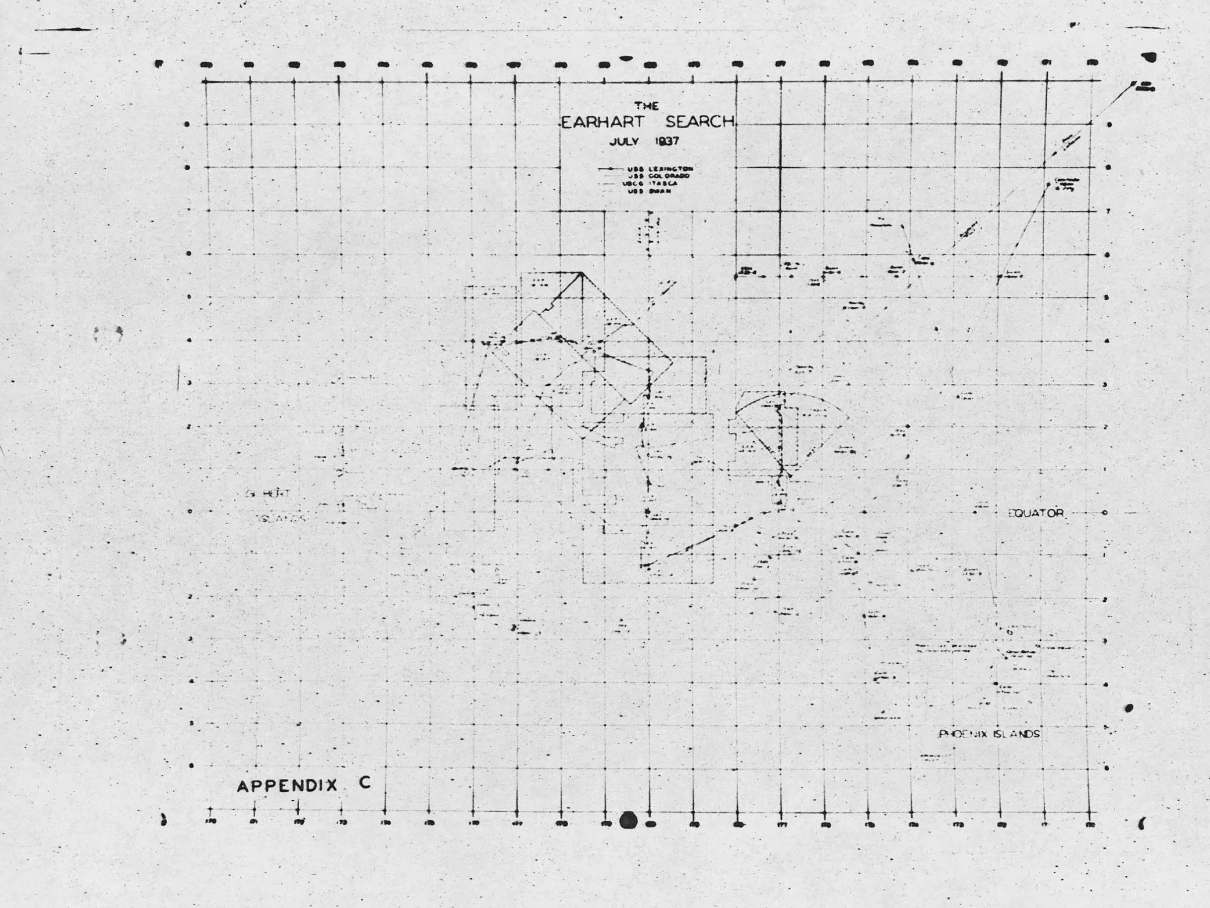 A scanned historical map titled 'The Earthart Search, July 1937,' showing various geographic locations and exploration routes, including the areas of the USA, Colombia, and the Pacific Islands, with section labels like 'Appendix C' and 'Poix Islands.'