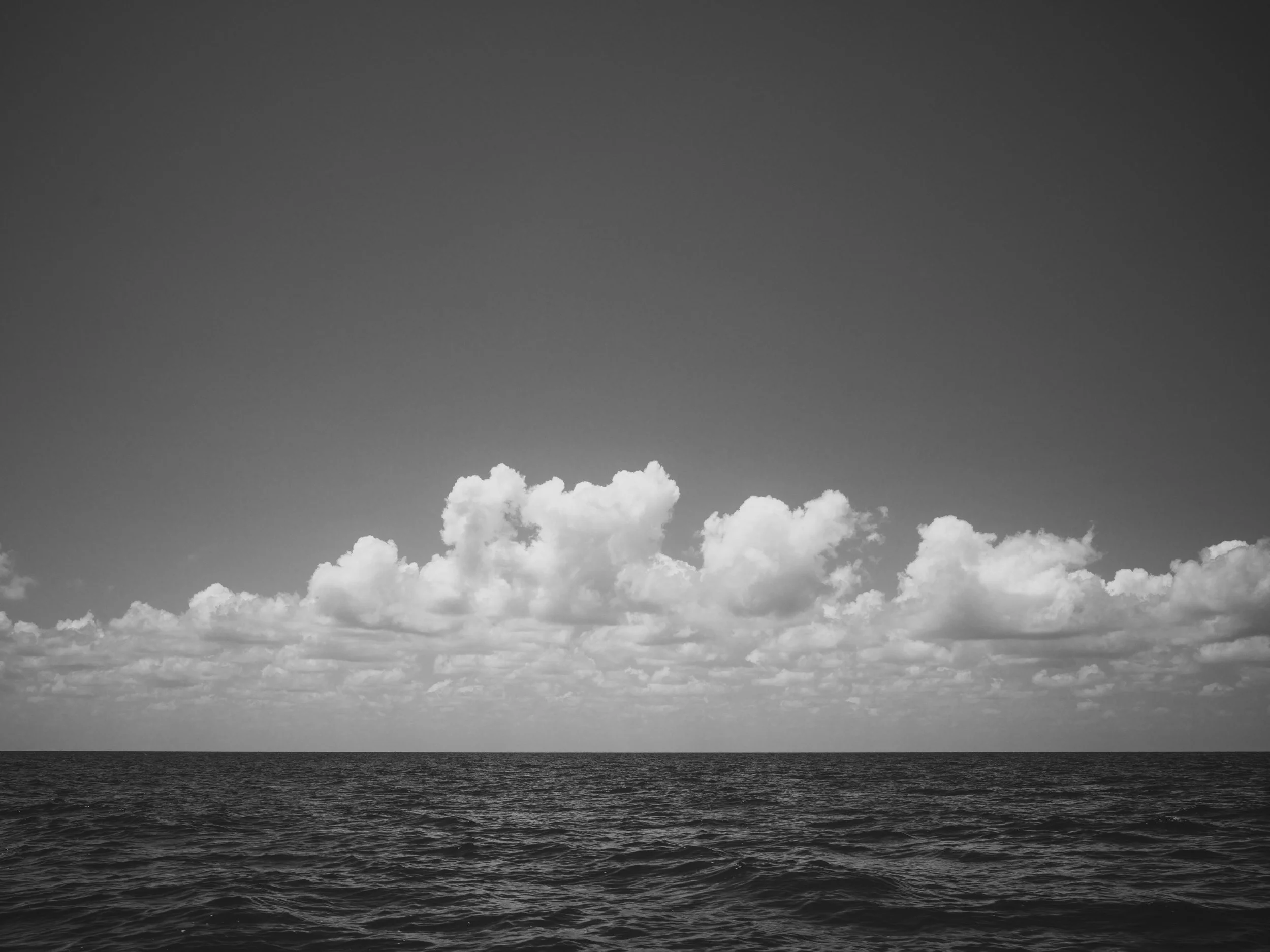 The image shows a black and white photograph of the ocean with clouds above.