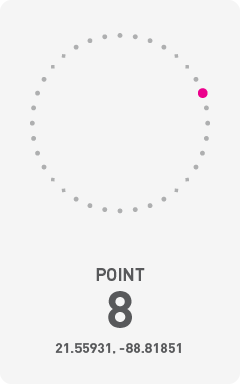 Diagram of circumference of Chicxulub Crater with a pink dot labeling the point of photograph and it's coordinates 21.55931, -88.81851.