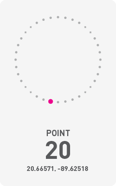 Diagram of circumference of Chicxulub Crater with a pink dot labeling the point of photograph and it's GPS coordinates 20.66571, -89.62518.