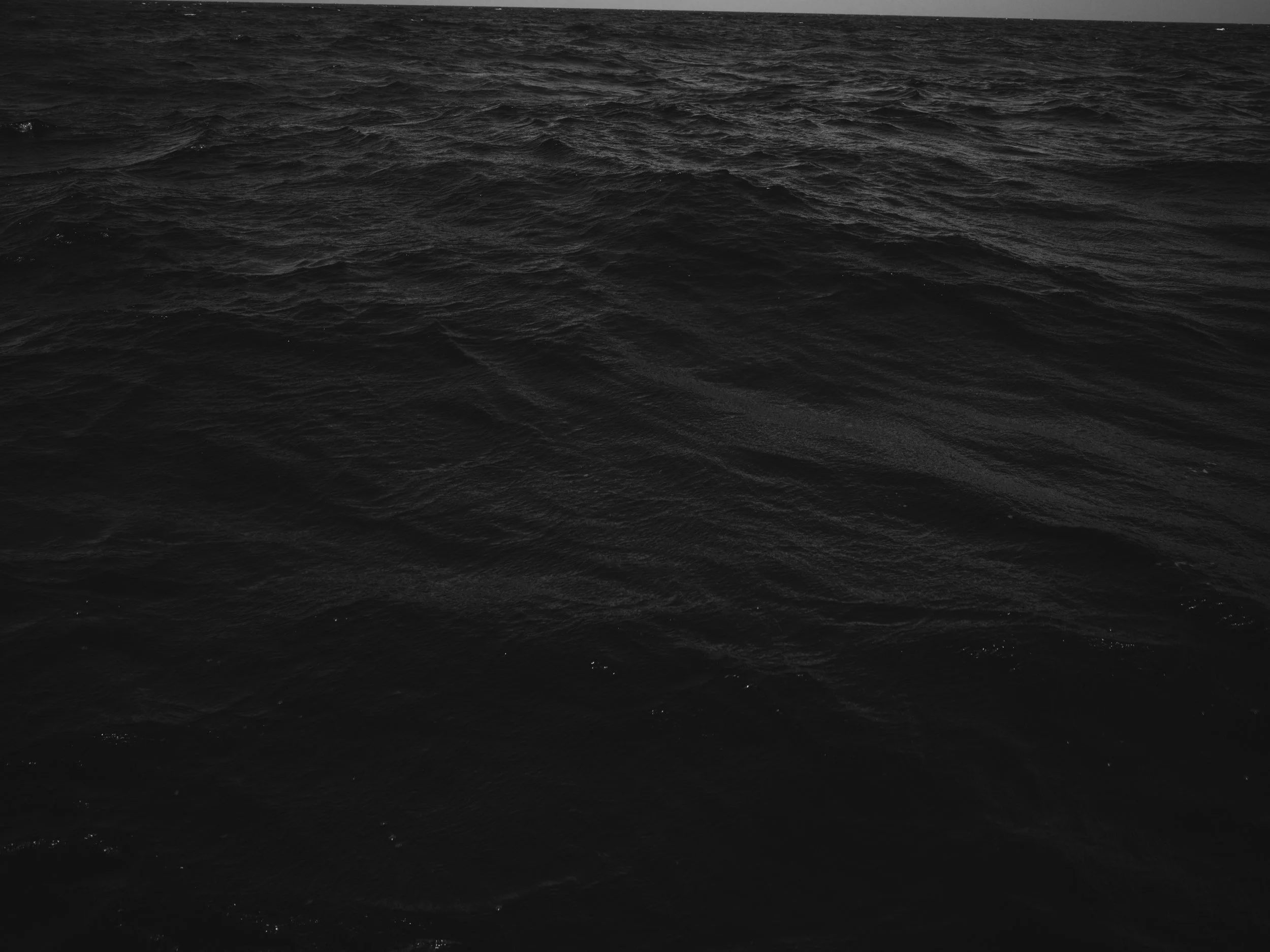A black and white photo of a large body of water with choppy waves.