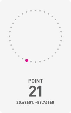 Diagram of circumference of Chicxulub Crater with a pink dot labeling the point of photograph and it's GPS coordinates 20.69601, -89.74660.