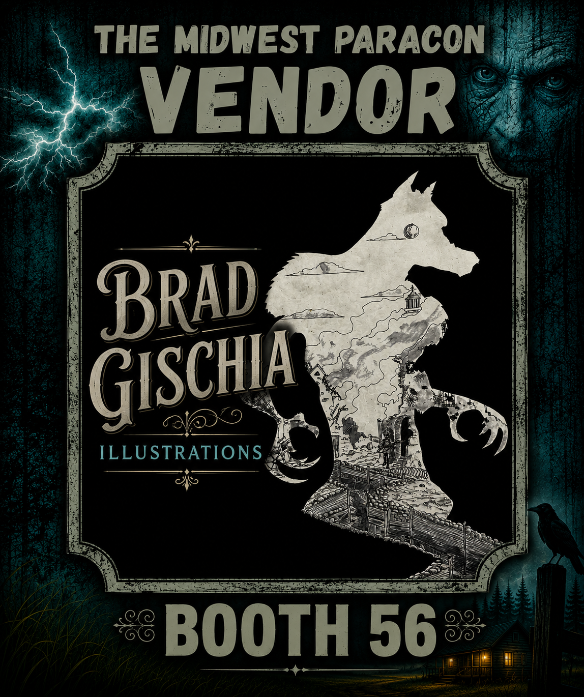 Event poster for the Midwest Paracon featuring Brad Gischia's illustrations, with a dark background, a lightning bolt, a woman's face, a crow, and a silhouette of a dog in profile with a cityscape inside it.