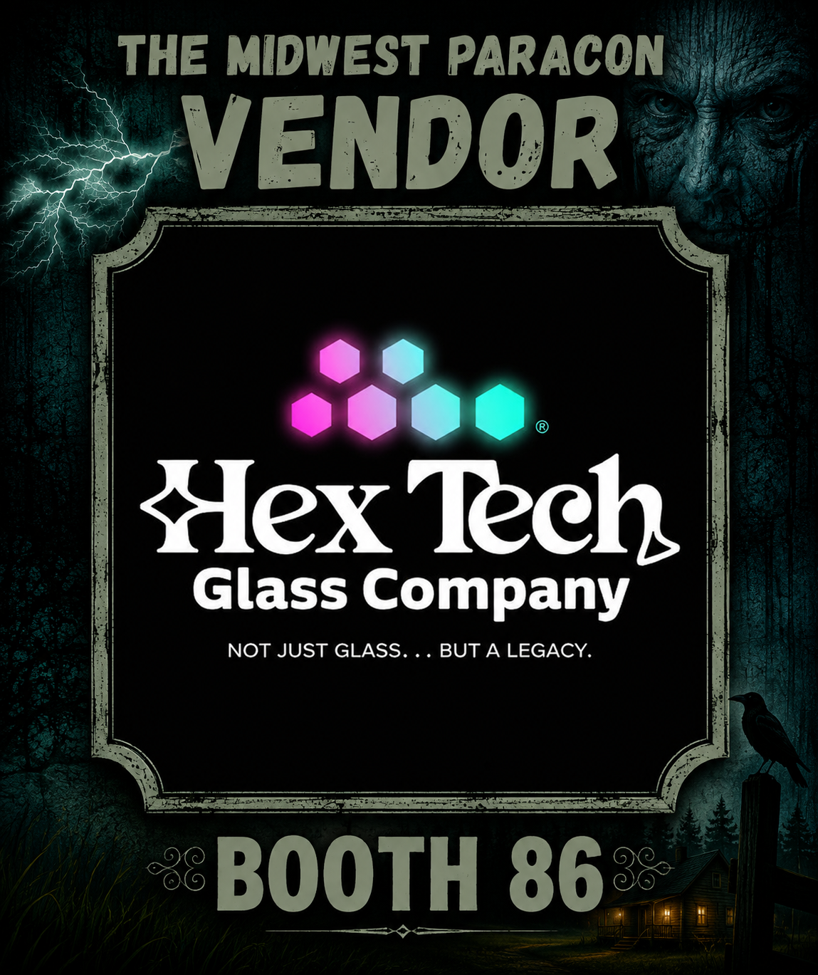 Event poster for The Midwest Paracon featuring Hex Tech Glass Company with a dark, spooky background, lightning, a creepy face, a raven, and a cabin.