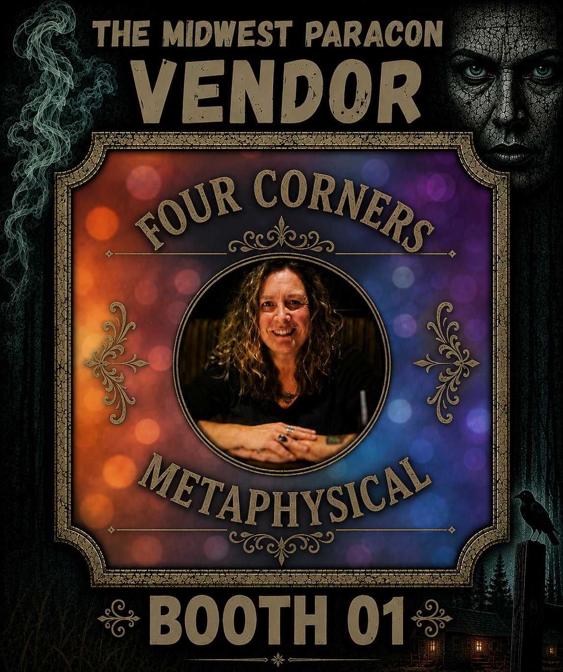 A woman with curly hair smiling in a framed portrait, positioned on a promotional poster for a metaphysical vendor at an event called The Midwest Paracon, booth 01.