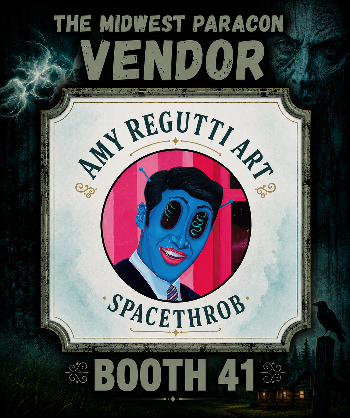 A poster for the Midtown Paracon vendor Amy Regutti Art, featuring a stylized portrait of a cartoonish person with blue skin, black hair, and sci-fi elements like antennas and futuristic eyes. The background is pink with a view of space and a neon pink sky. The poster includes the text 'Booth 41' at the bottom.