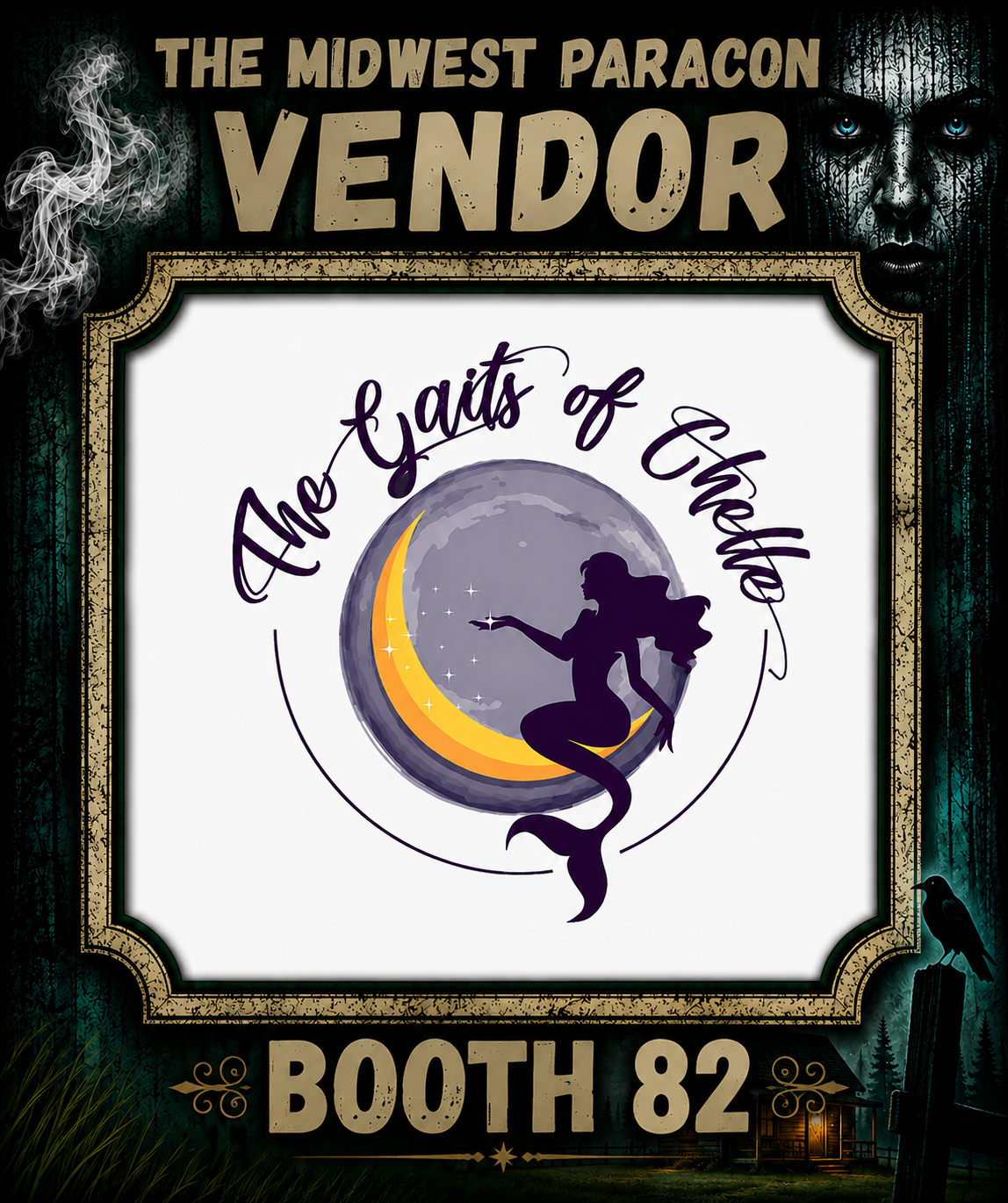 Poster for 'The Midwest Paracon Vendor' at booth 82 featuring a silhouette of a mermaid sitting on a crescent moon in front of a full moon, with stars and text 'The Gaits of Night' written around the moon, with dark forest background and spooky face and crows.