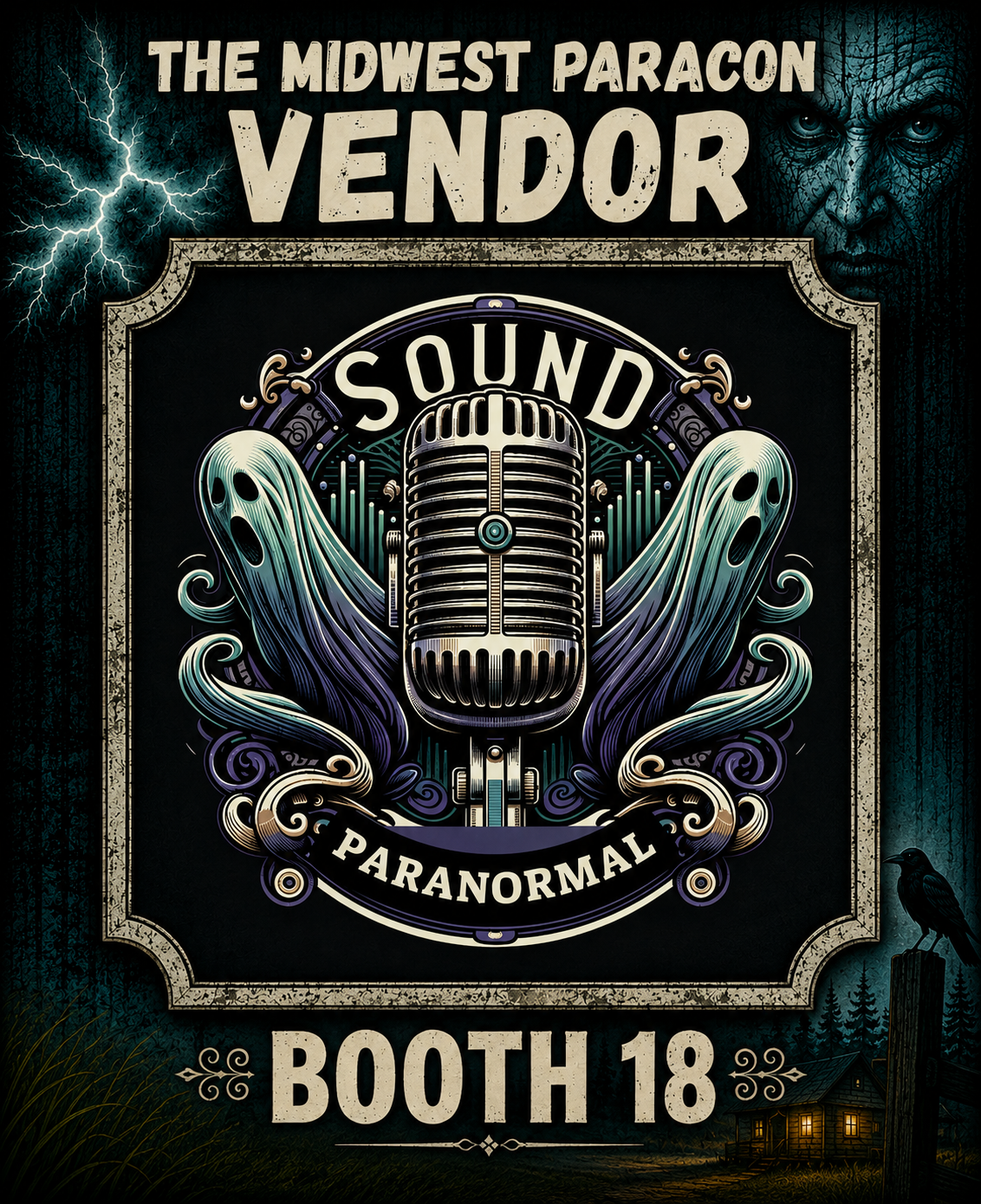 A promotional poster for a paranormal sound event at the Midwest Paracon. Features a vintage microphone with ghostly figures, sound waves, and spooky elements like lightning, a dark face, a crow, and a haunted house in the background.