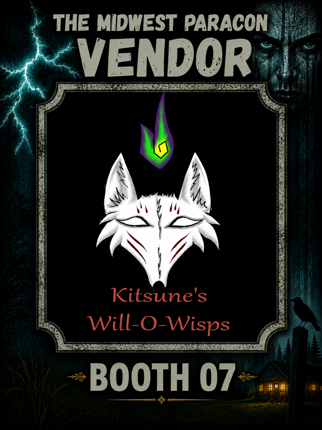 A dark fantasy poster for the Midwest Paracon event featuring a white wolf mask with red markings, a green and purple flame above it, and the text 'The Midwest Paracon Vendor' and 'Kitsune's Will-O-Wisps', with a lightning bolt, a crow, and a house in a forest background.