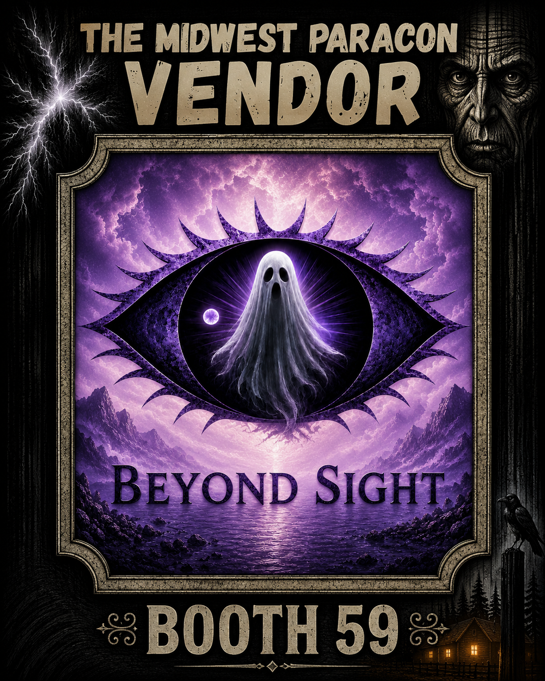 A poster for 'The Midwest Paracon Vendor' at booth 59, featuring a purple and black design with an eye-shaped frame, a ghostly figure with a face, a small moon, and background elements of mountains and a lightning storm.