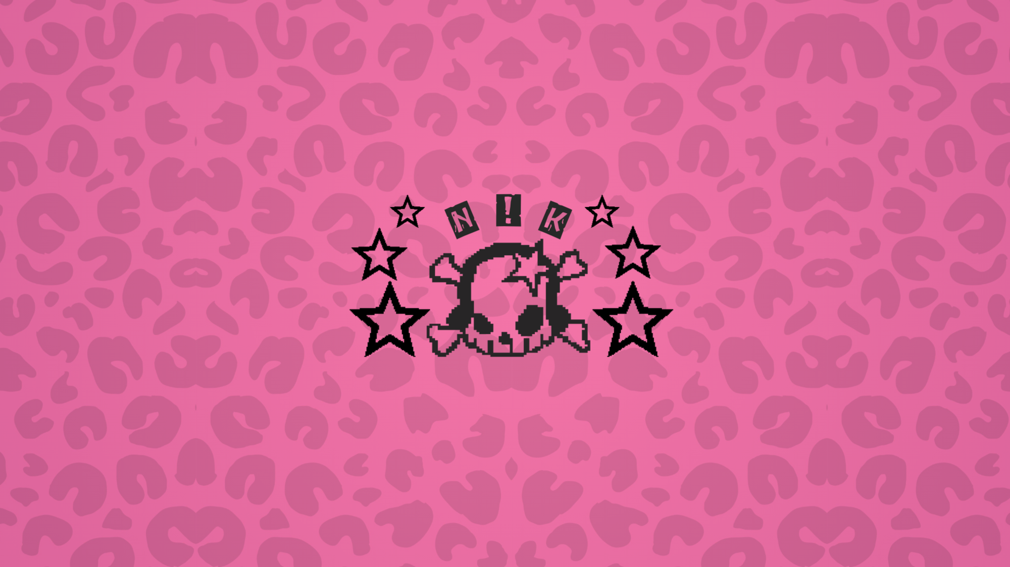 Pink leopard print background with a pixel art skull, stars, and the word 'NIK' above the skull.