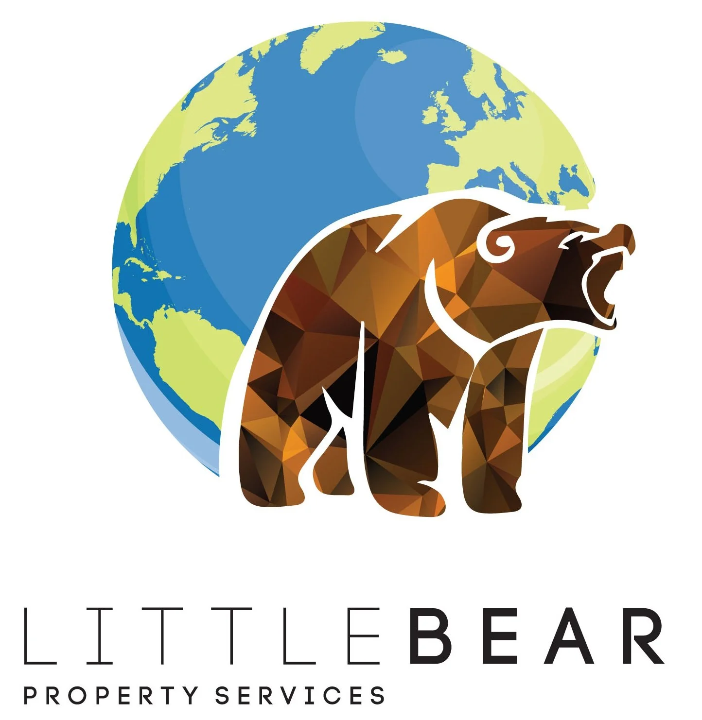 A logo for Little Bear Property Services featuring a stylized bear with a geometric pattern in shades of brown and black, in front of a globe displaying North America and Europe.