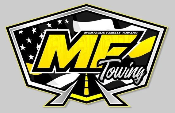 Logo for Montague Family Towing featuring bold yellow and black lettering with an American flag background.