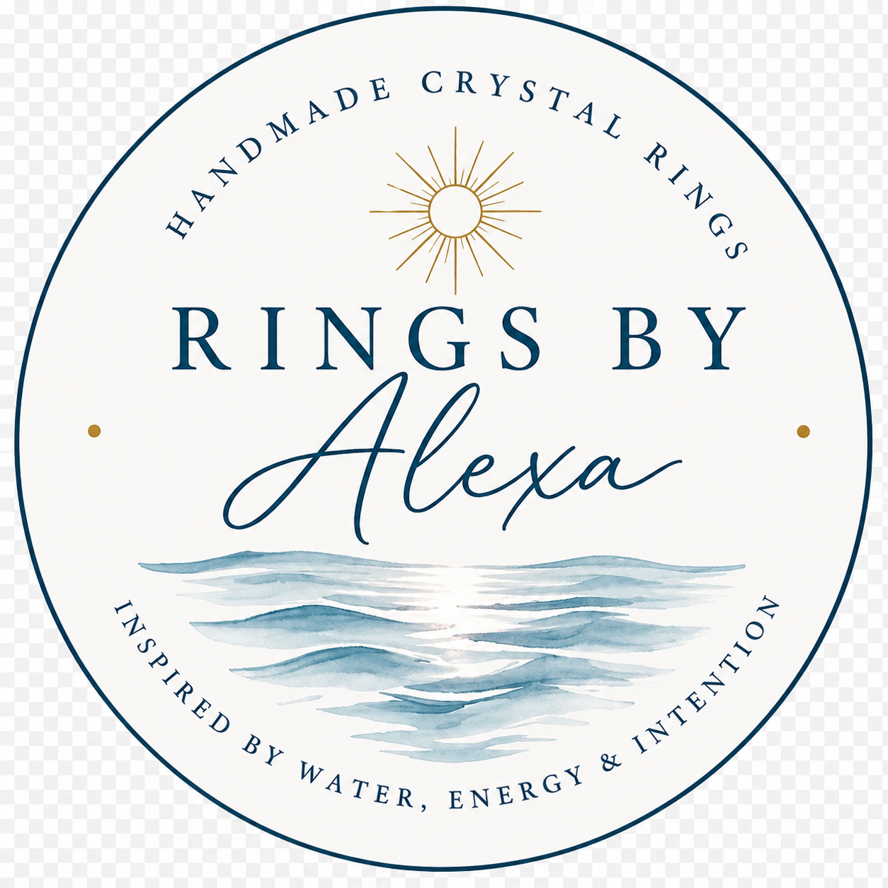 Circular logo for Rings by Alexa with watercolor water waves at the bottom, a sun icon at the top center, and text indicating handmade crystal rings inspired by water, energy, and intention.