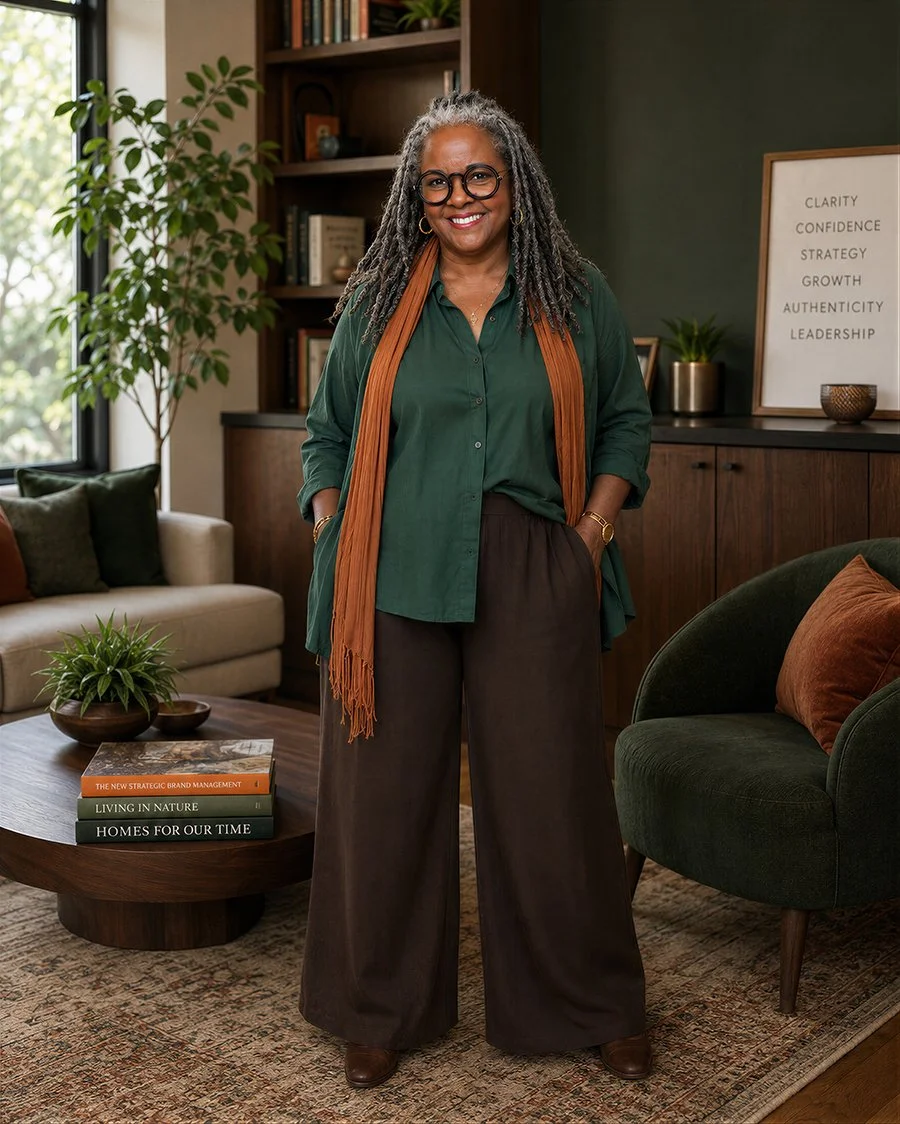 Sylvia 65standing in her office wearing a green shirt and orange scarf