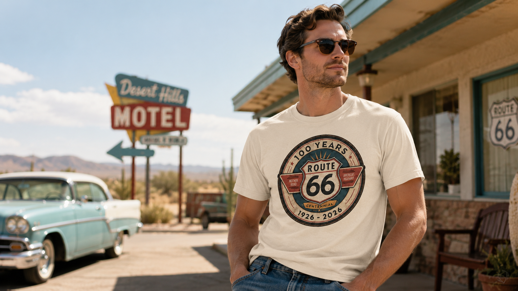 Vintage Route 66 graphic tee with retro Americana artwork, worn by a model in a classic roadside setting, celebrating 100 years of Route 66 from 1926 to 2026.