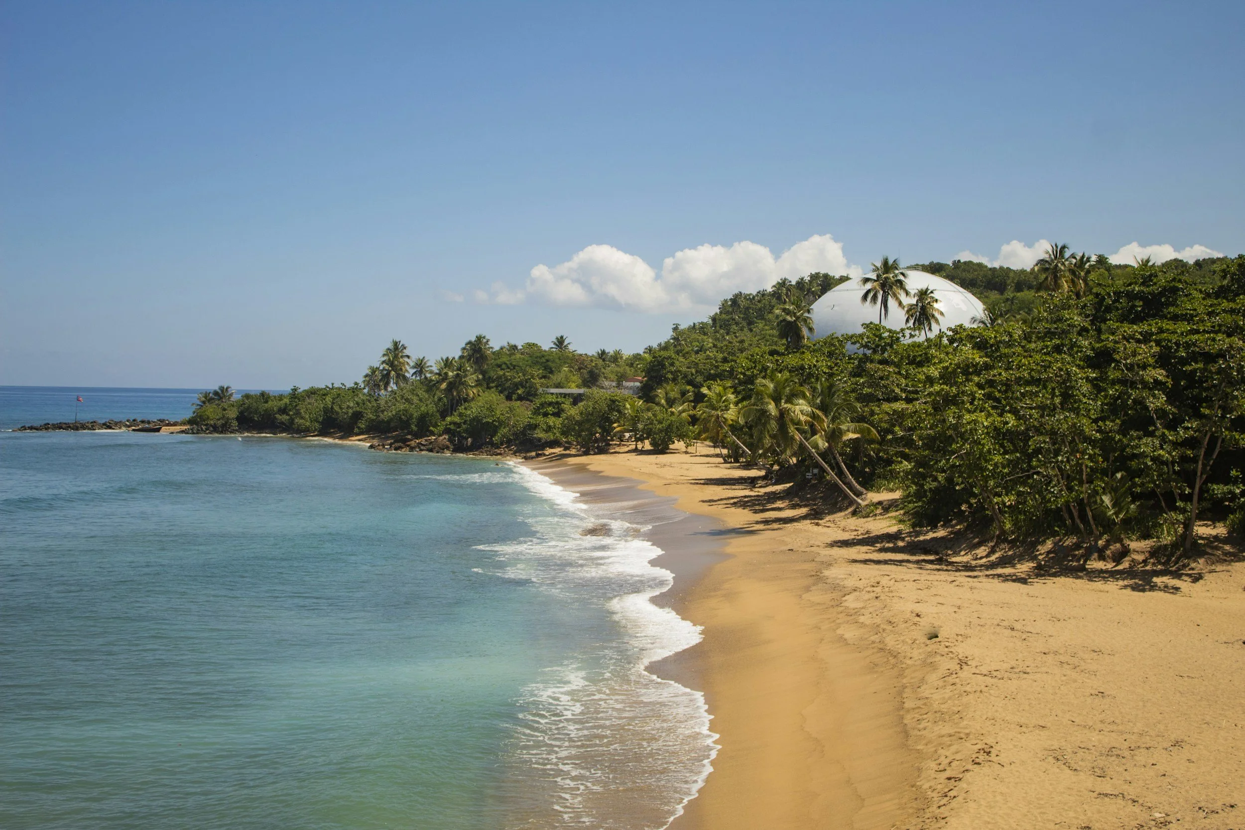 Golden beach and turquoise water near Domes Beach in Rincon, Puerto Rico, with the white dome among the palms