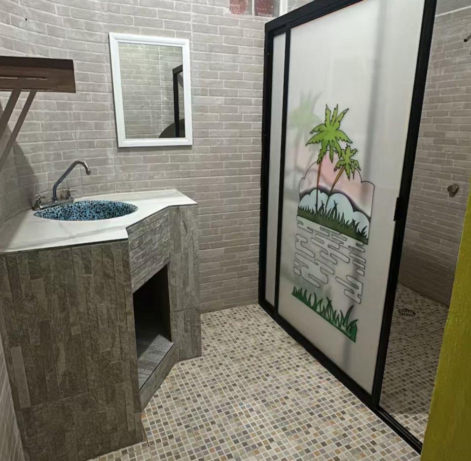 Bathroom with a stone vanity, mirror and painted glass shower door