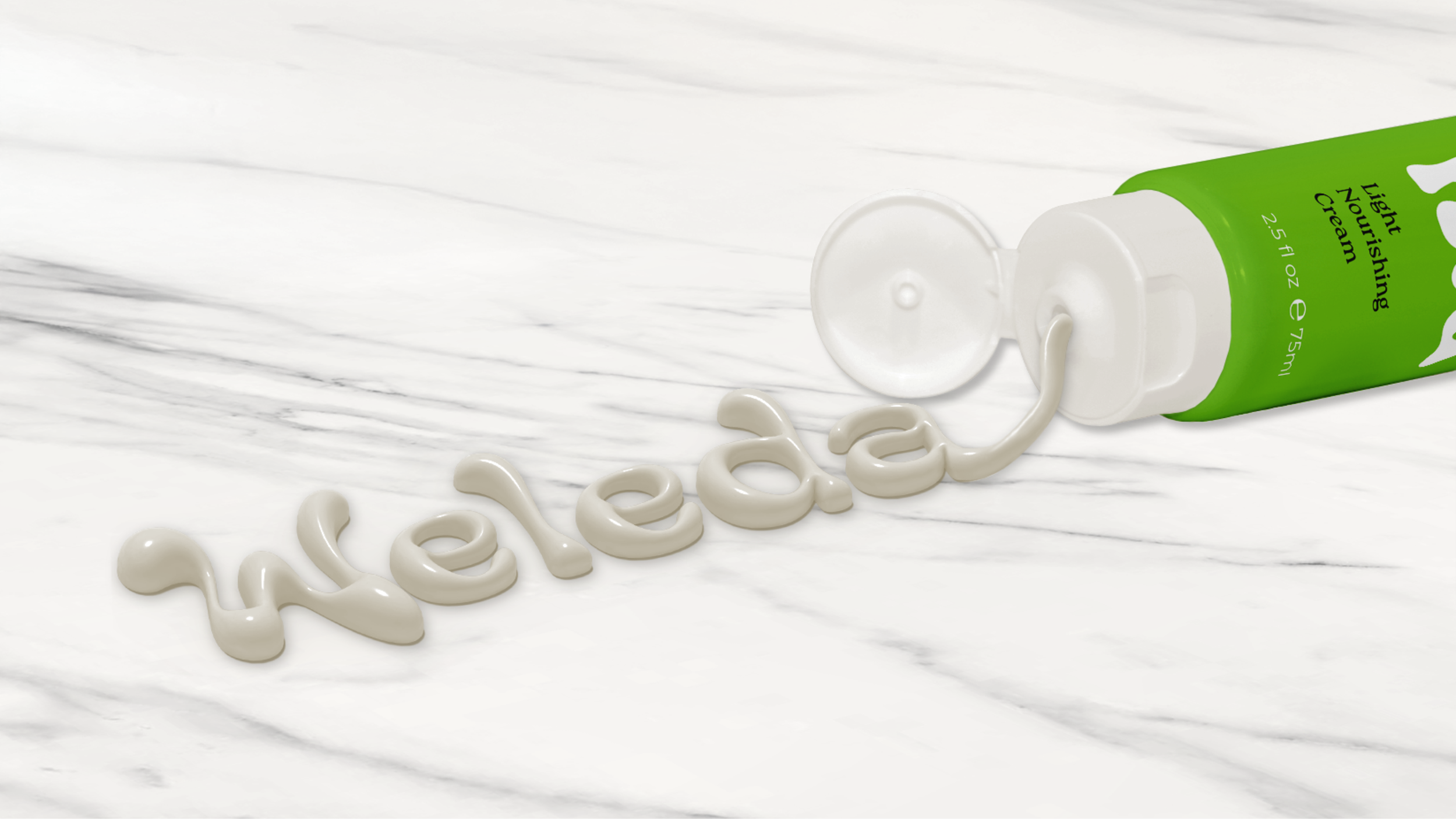 A green tube of night nourishing cream with white cap open, and cream squeezed out onto a white marble surface that spells the word "Weleda" out of lotion.