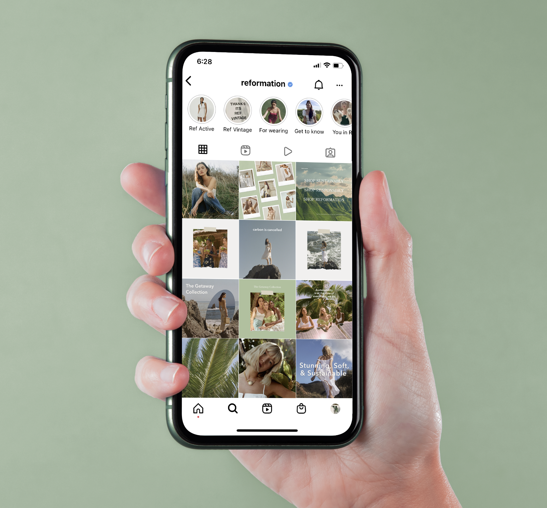 Close-up of a person's hand holding a smartphone displaying an Instagram profile page with various images of models wearing Reformation clothing, engaging in lifestyle experiences, and graphics about sustainability.