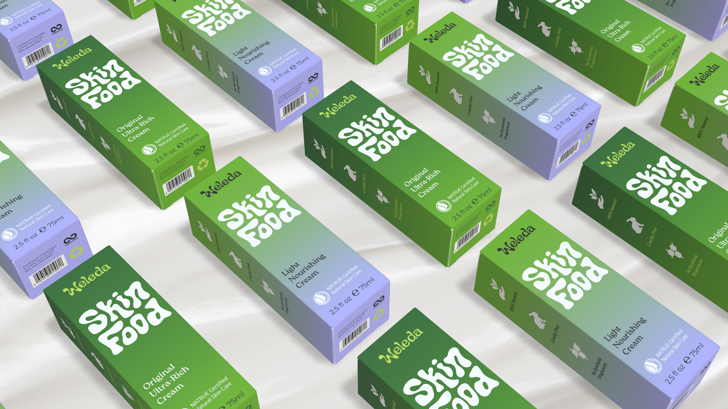 Multiple boxes in a grid formation of Weleda Skin Food Original and Light  formula with vibrant green and purple gradient packaging and silky-smooth typography spelling "Skin Food"
