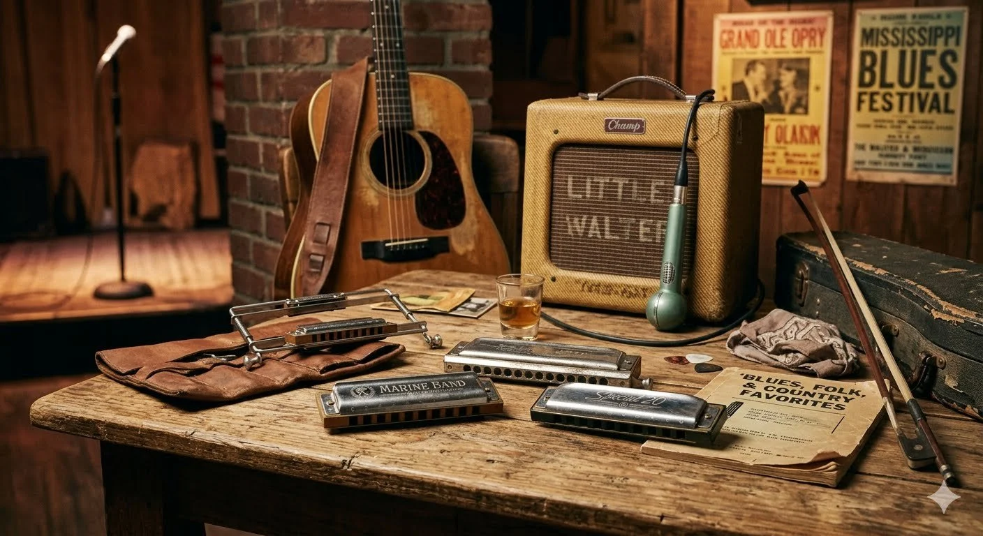 A wooden table with vintage musical instruments and equipment, including harmonicas, a harmonica holder, a shot glass with a drink, an amp, a guitar in the background, and a musical score. Posters about blues and folk music are on the wall behind.